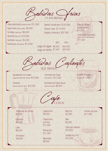 Menú de bebidas en Parrilla y Vinos Juan Esteban, con opciones frías como jugos, sodas y sangría,