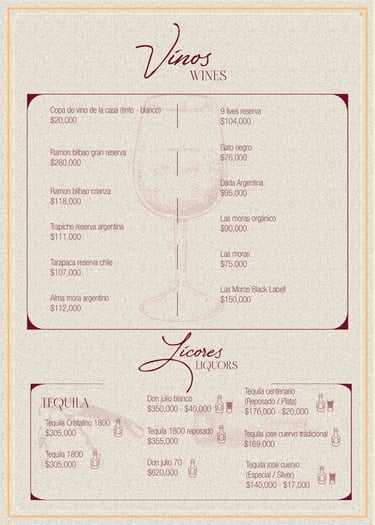 Menú de vinos y licores con etiquetas premium, ideal para acompañar platos aa parrilla en Salento,  