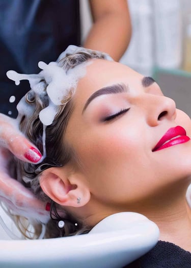a woman is getting her hair washed in salon