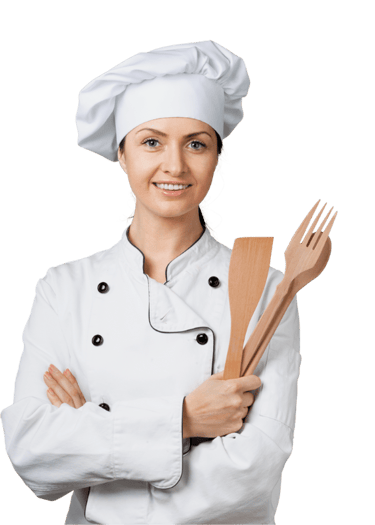 Woman Chef in chefs hat with arms crossed holding wooden cooking utensils