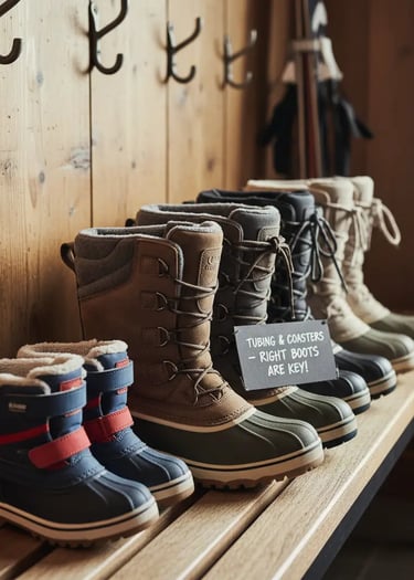 Various sizes of winter snow boots lined up on a wooden bench in a cozy ski lodge entryway.