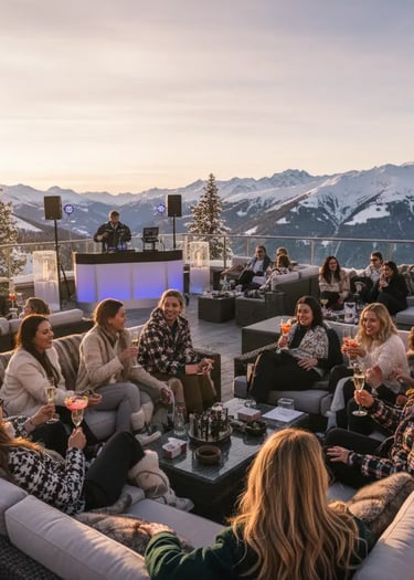 Guests enjoying a lively atmosphere and après-ski drinks with a live DJ on the sunny terrace of Le C