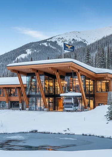 A modern wooden ski resort building with large glass windows at dusk, surrounded by snow and pine tr