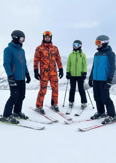 Group of skiers standing on a snowy slope at Zermatt Ski Resort Switzerland, ready for a family ski 