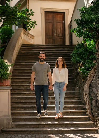 Couple walking hand in hand down sunlit cobblestone stairs in Mikulov old town
