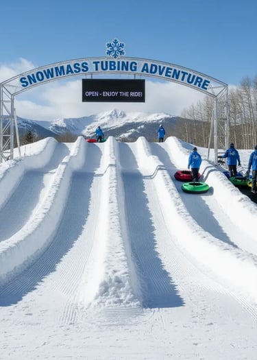 People sliding down groomed snow tubing lanes under a "Snowmass Tubing Adventure" sign with a mounta