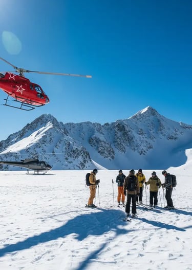 Skiers arriving by helicopter for an exclusive Zermatt ski tour and off-piste adventure in the Swiss