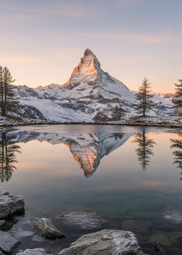 Stunning sunset view of the Matterhorn mountain reflected in Stellisee lake, Zermatt, Swiss Alps.