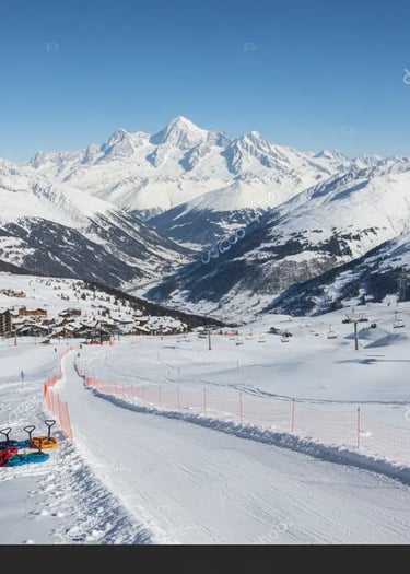 A wide scenic view of a snow-covered mountain valley and ski slopes under a clear blue sky.