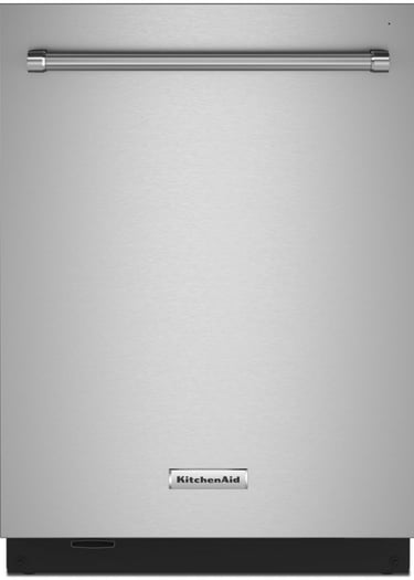 A stainless steel kitchenaid dishwasher with a bar handle, centered logo, and a black kickplate at the bottom.