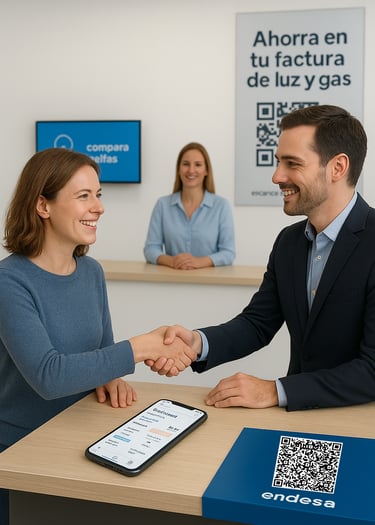 "Clientes satisfechos en punto de venta físico de Envíos Yien en Madrid, contratando tarifas de luz