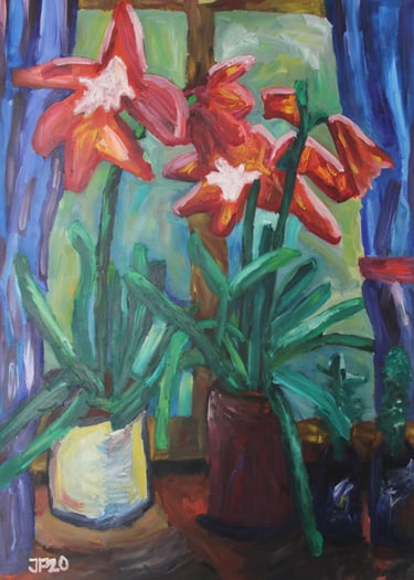 a painting of flowers by the window