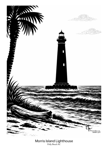 Black and white silhouette art of the Morris Island Lighthouse