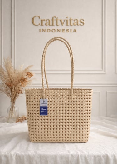 Handmade woven plastic tote bag Sekar series in cream color by Craftvitas Indonesia, eco friendly artisan handbag