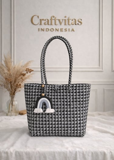 Black and white woven plastic tote bag Sekar series handmade recycled artisan bag Indonesia