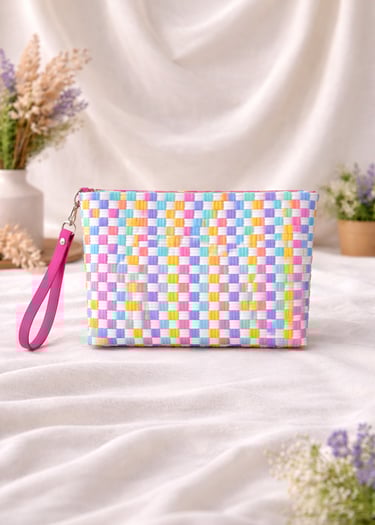 Colorful pastel handwoven plastic clutch bag checkered pattern handmade Indonesian craft
