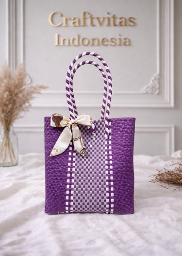 Rainbow purple white handwoven plastic tote bag handmade recycled Craftvitas Indonesia