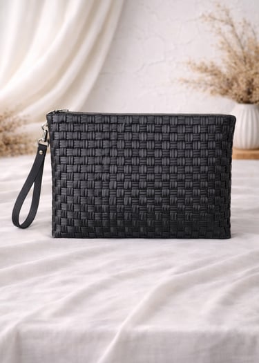 Solid black woven plastic clutch bag handmade minimalist style