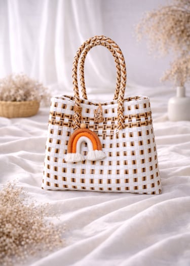 Handmade recycled plastic woven bag white gold strip combination eco friendly women tote Craftvitas Indonesia