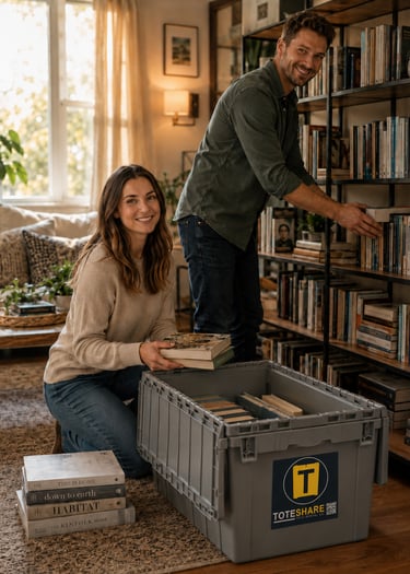 Couple packing reusable moving totes instead of cardboard moving boxes Johnson City TN