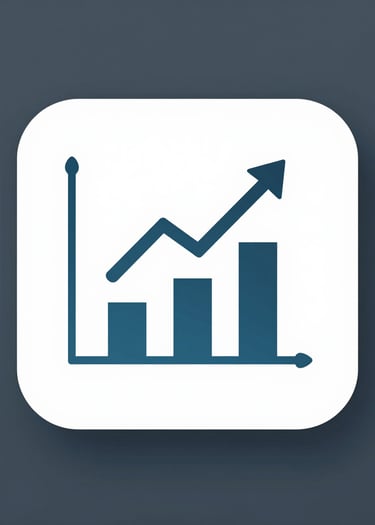 Blue bar chart and growth arrow icon on a white rounded square for business data analysis.