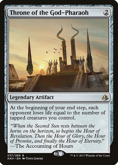 Throne of the God-Pharaoh Magic: The Gathering card with Nicol Bolas horns over a desert sunset.