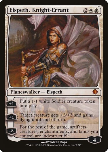 Magic the Gathering Elspeth Knight-Errant planeswalker card featuring a hooded female knight in golden armor.