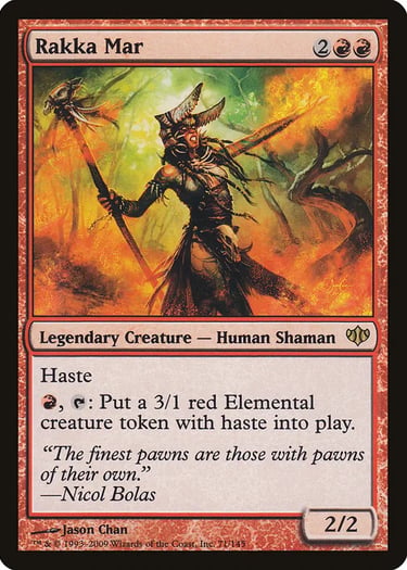 Rakka Mar Magic the Gathering card featuring a red human shaman wielding a staff amidst fire.