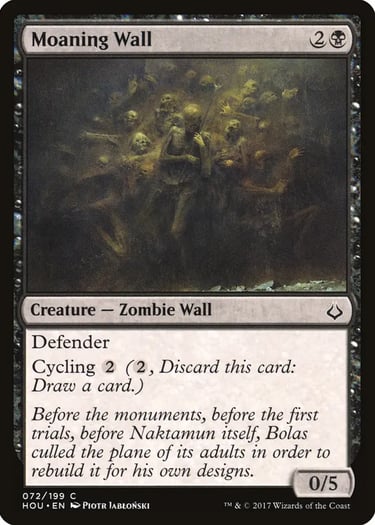 Magic: The Gathering Moaning Wall card featuring dark fantasy art of a wall of grasping undead zombies.