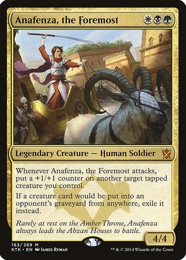 Anafenza the Foremost Magic the Gathering trading card featuring a warrior riding a goat-drawn chariot.