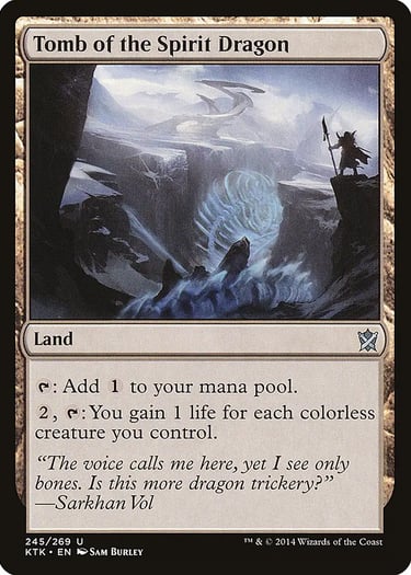 Magic: The Gathering Tomb of the Spirit Dragon land card featuring a warrior overlooking a frozen landscape.