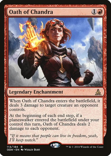 Oath of Chandra Magic: The Gathering card featuring Chandra Nalaar with a flaming hand.