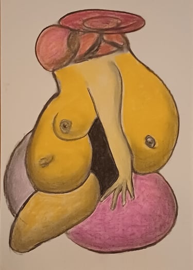 Yellow Madonna — voluminous seated figure with red circular form above, pastel, by Zanda