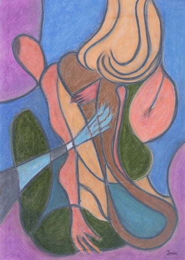 Blue Dragon — stylised figure with paddle-like hand, pastel in blue, green and peach, by Zanda