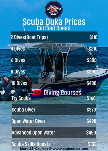 Scuba Duka price list for certified diving trips and SSI scuba diving courses in Diani Beach, Kenya.