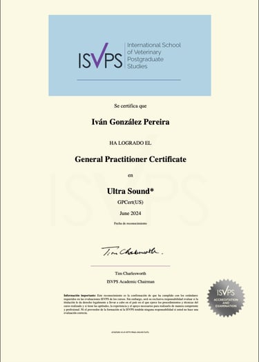 Certificado ISVPS en ecografía veterinaria obtenido por Iván González Pereira en junio de 2024