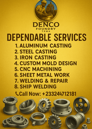 Image outlining eight major services provided at Denco Foundry Tema in Ghana