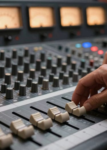 Extreme close-up of hands adjusting faders on a large-format mixing console under warm tungsten studio light, analog VU meters in soft focus background, no faces