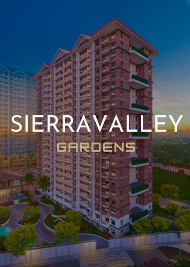 Modern high-rise residential building at Sierra Valley Gardens with sunset skyline view.