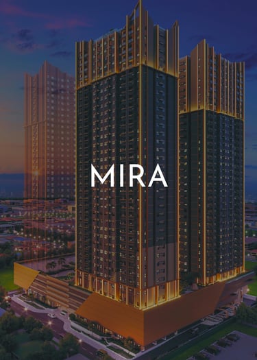 MIRA luxury residential high-rise condominium complex illuminated at sunset in a modern urban skyline.