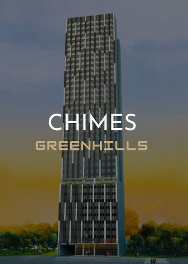 Modern high-rise residential building Chimes Greenhills skyscraper under a twilight sky.