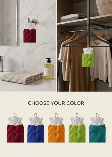 alt="Plant-based scented sachets for wardrobes and bathrooms in five available colors."