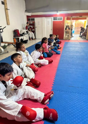 niños sentados en tatami en el dojo de karate viendo hacia el centro esperando entrenar 