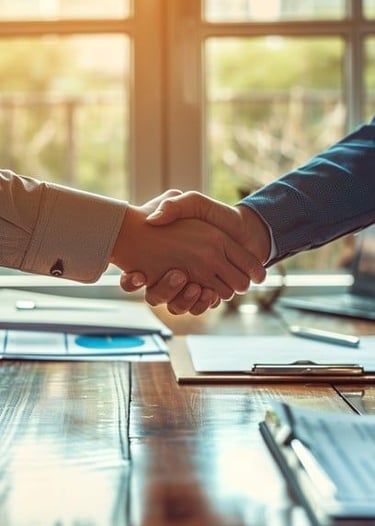 Duas pessoas apertando as mãos sobre uma mesa de escritório, simbolizando parceria profissional