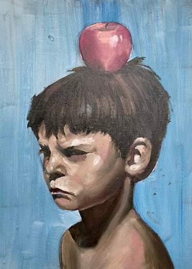 Retrato figurativo al óleo sobre lienzo, con pinceladas sueltas y expresivas que capturan emociones 