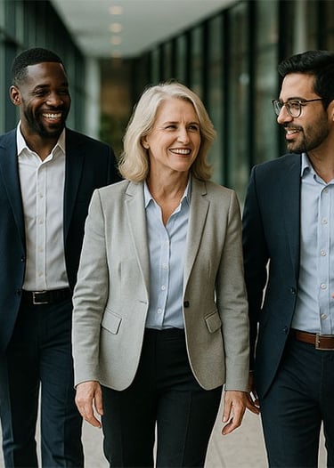 Diverse group of business professionals walking and having a conversation