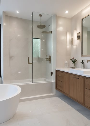 A room under renovation with construction materials scattered on the floor. There's a large window letting in sunlight and providing a view of a lush garden outside. Various tools and boxes are on a workbench, and insulation material is piled on the left.
