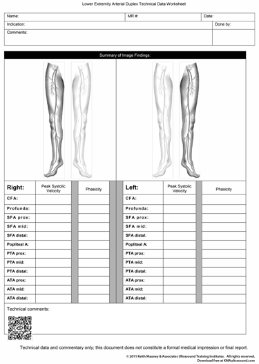 Duplex ultrasound worksheet for lower extremity arterial exam