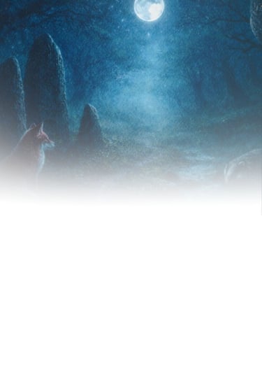 Moonlit forest scene with standing stones under a starry night sky, soft blue mist, and a full moon 