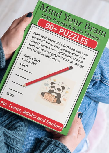 Mind Your Brain logic puzzle book for adults featuring a word ladder brain teaser and a red pencil.